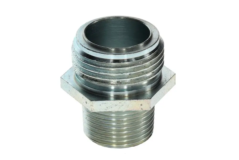 Bosch Anschlussnippel mit einem Gewinde und einer sechseckigen Basis, geeignet für gasbetriebene Anwendungen. Der Nippel hat eine glatte Innenseite.